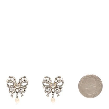 Chanel Crystal Pearl Bow CC Earrings Silver 2 of 5