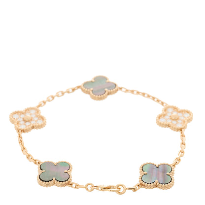 Van Cleef & Arpels 18K Rose Gold Diamond Gray Mother of Pearl 5 Motifs Vintage Alhambra Bracelet 2 of 6