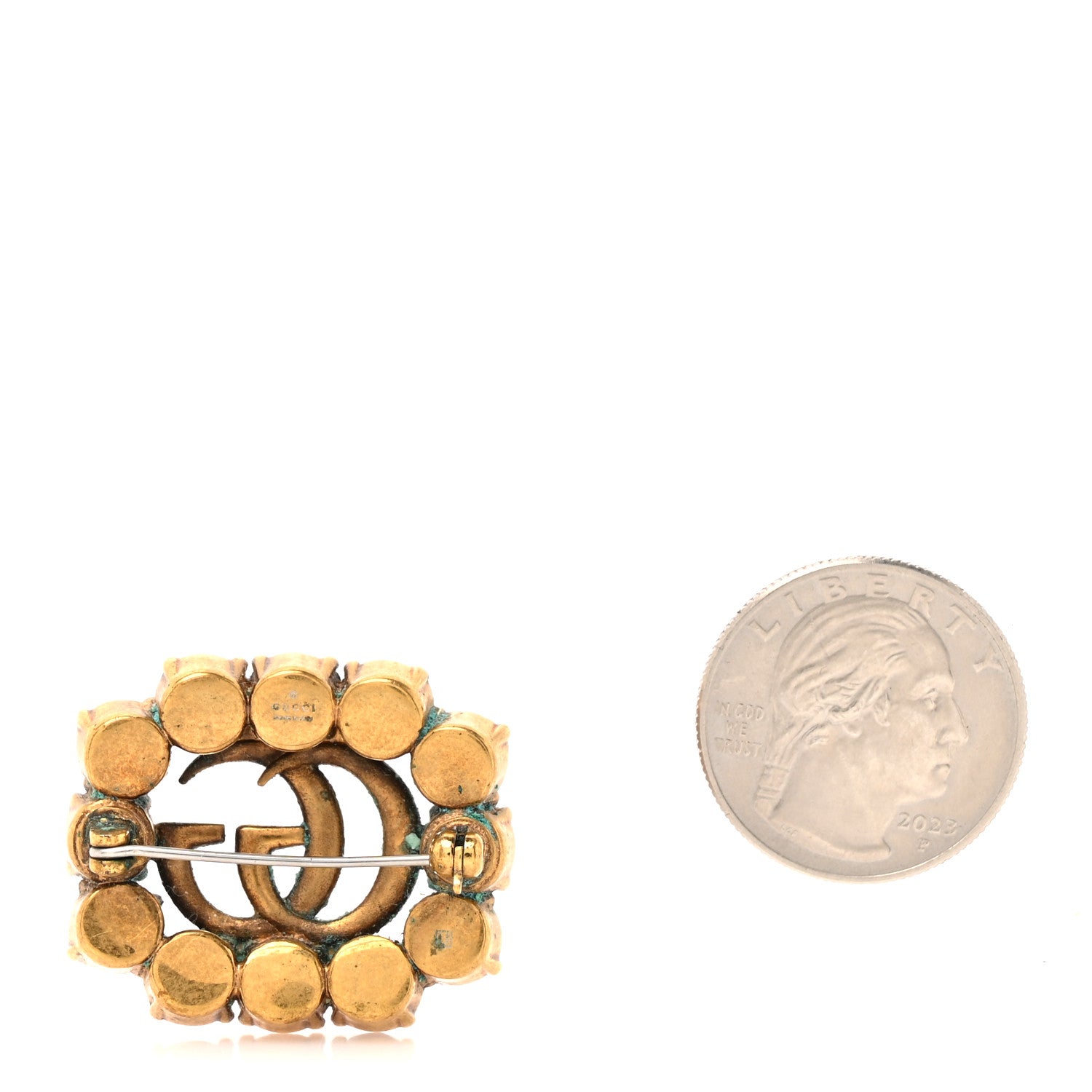 Gucci Metal Crystal Double G Brooch Aged Gold Red 1839000
