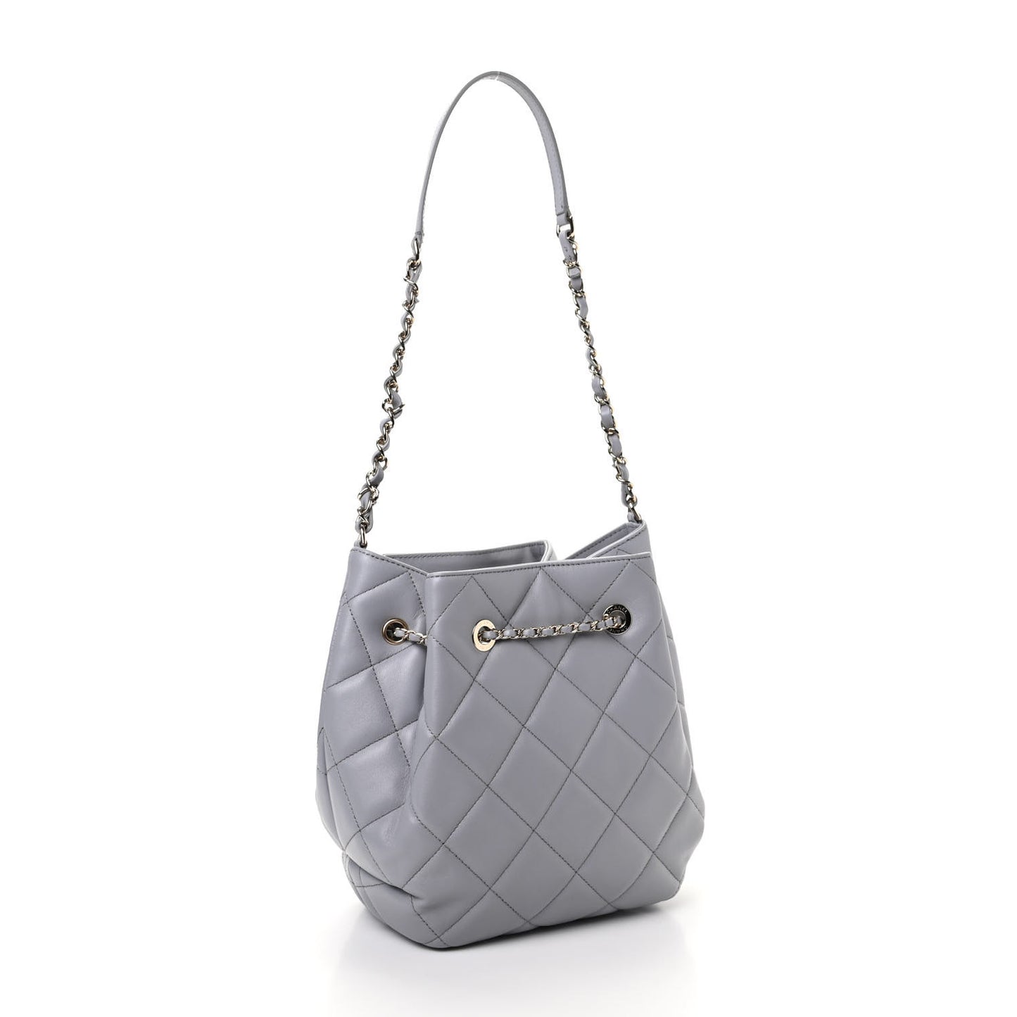 Lambskin Quilted Large CC Drawstring Bag Light Grey
