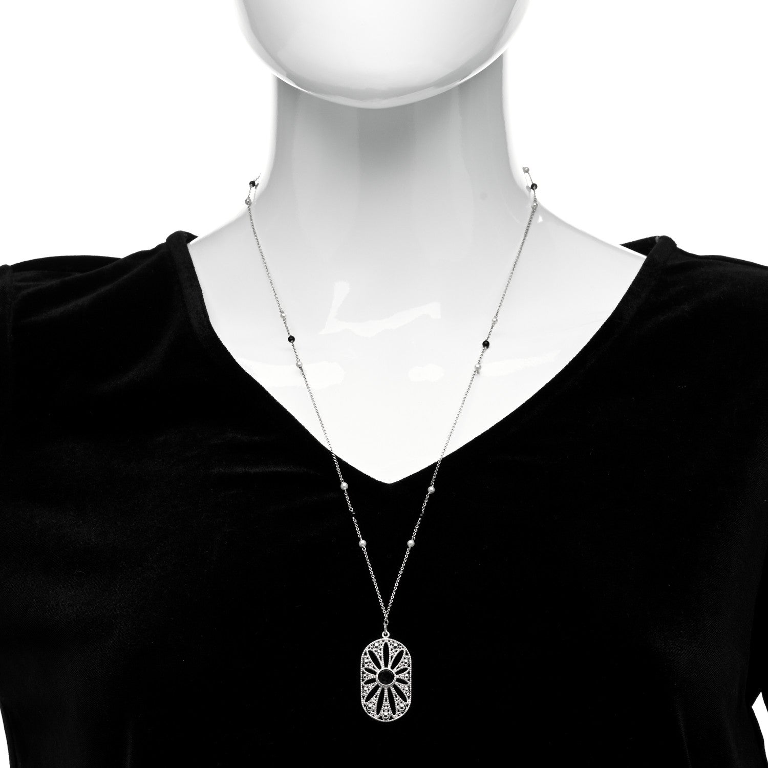 Tiffany Sterling Silver Black Onyx Pearl Ziegfeld Daisy Pendant Necklace 2 of 5