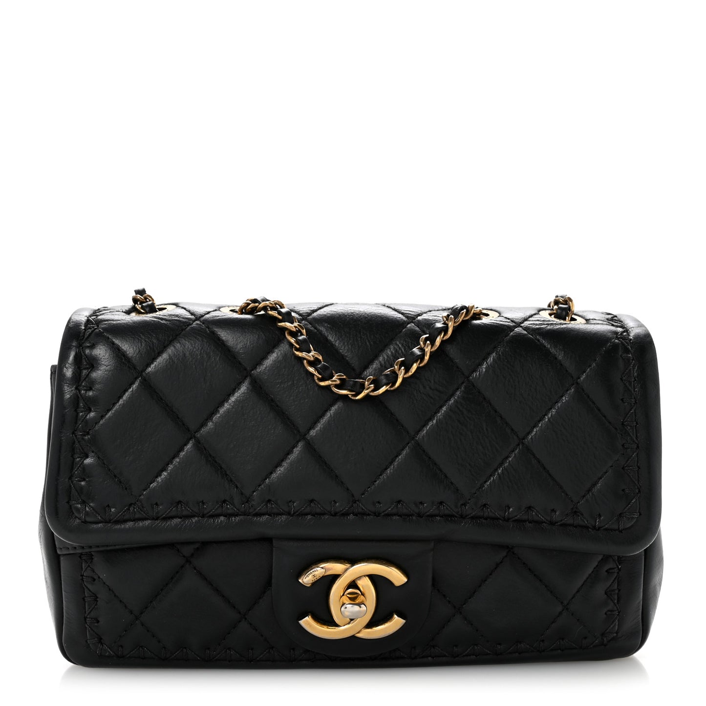 Crumpled Calfskin Whipstich Quilted Single Black