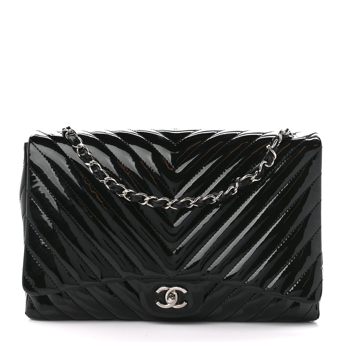 Patent Chevron Quilted Maxi Single Flap Black