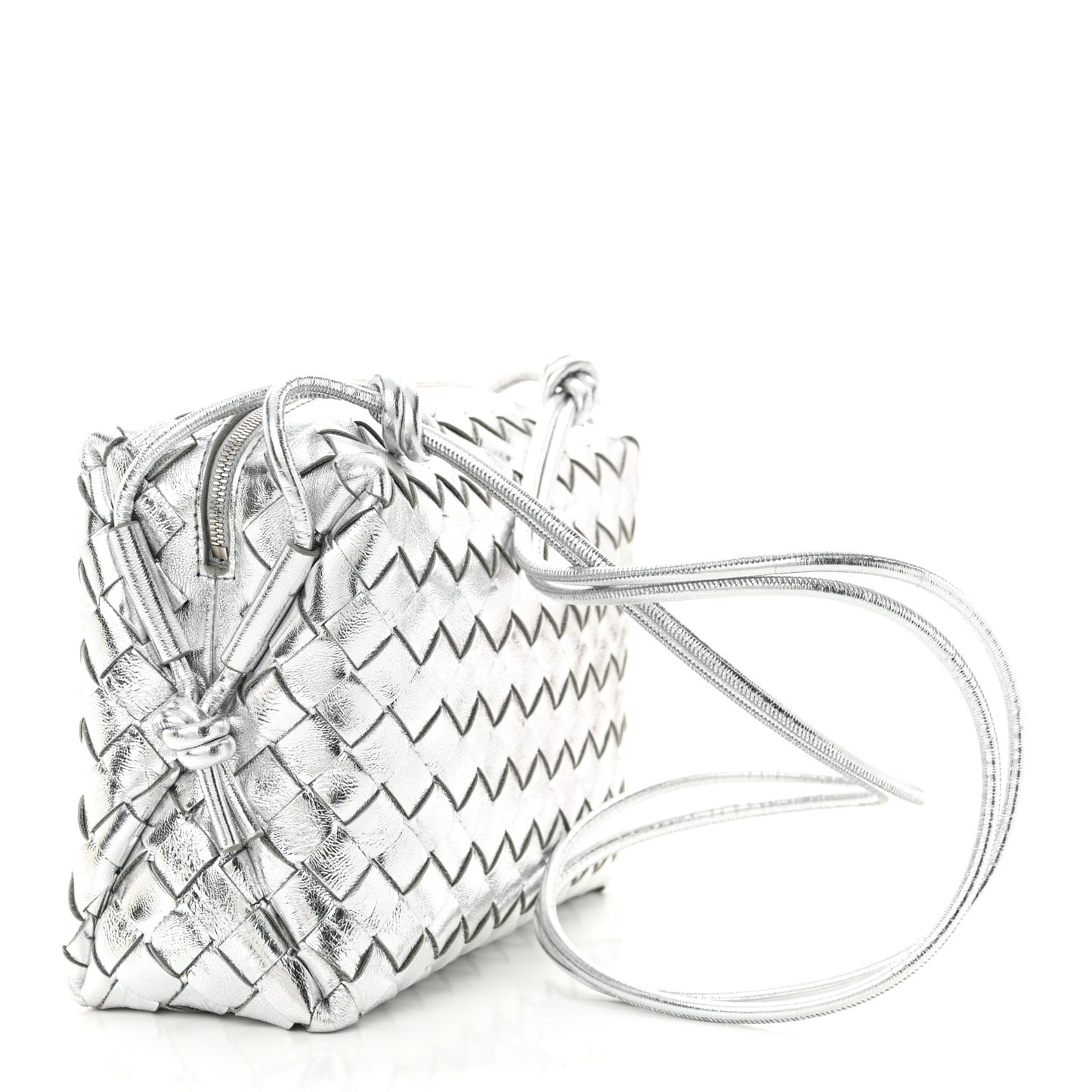 Metallic Nappa Intrecciato Medium Loop Camera Bag Silver