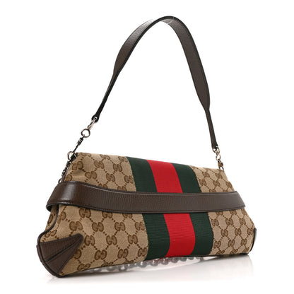 Gucci Monogram Textured Dollar Calfskin Heavy Grosgrain Web Medium Maxi Horsebit Chain Shoulder Bag Beige Ebony New Acero 3 of 10