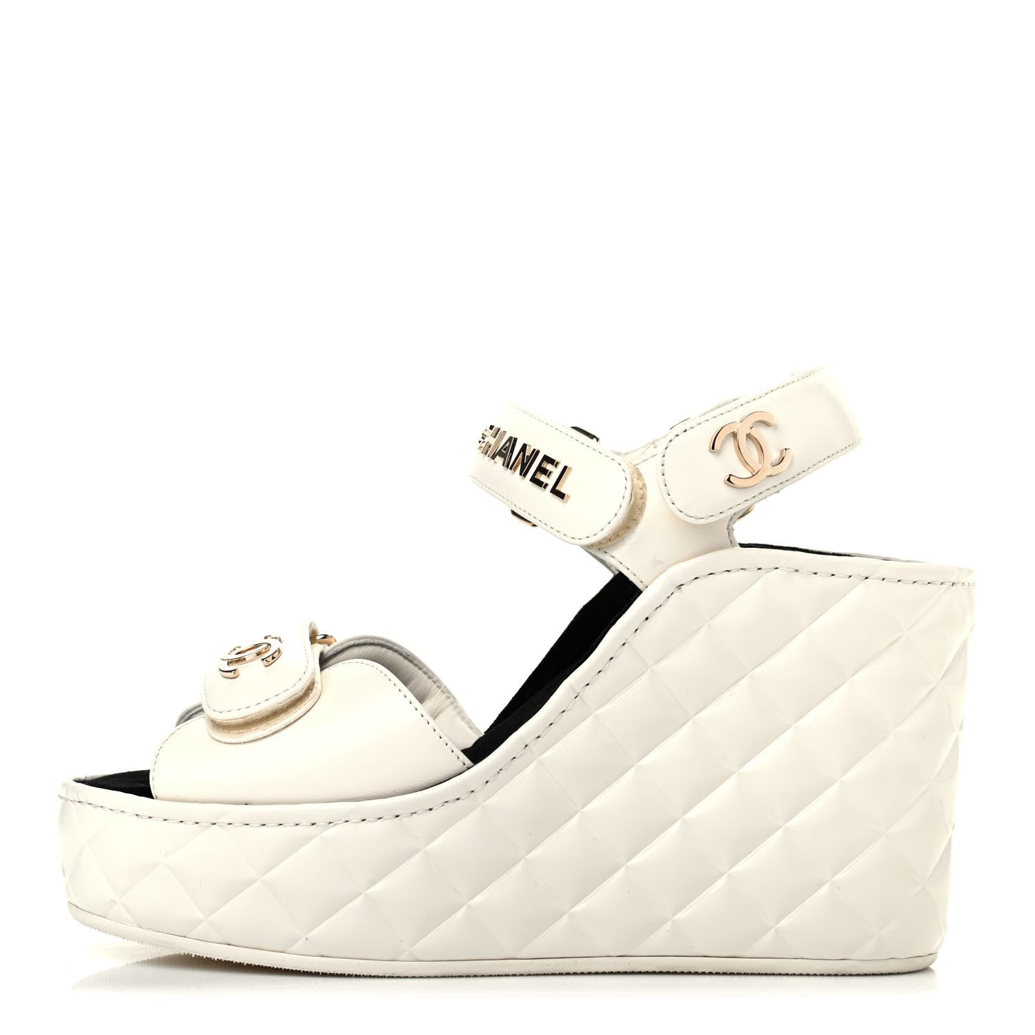Chanel Shiny Calfskin Quilted Wedge Sandals 37 Ivory 1 of 4