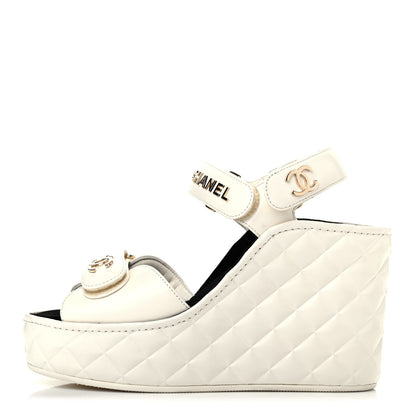 Chanel Shiny Calfskin Quilted Wedge Sandals 37 Ivory 1 of 4