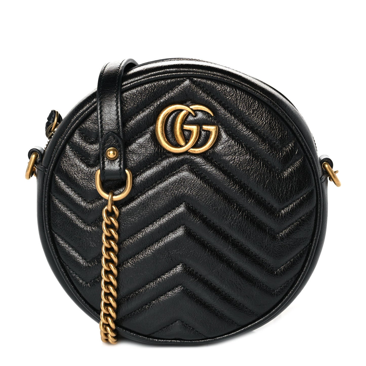 Azalea Calfskin Matelasse Heart Mini GG Marmont Round Shoulder Bag Black