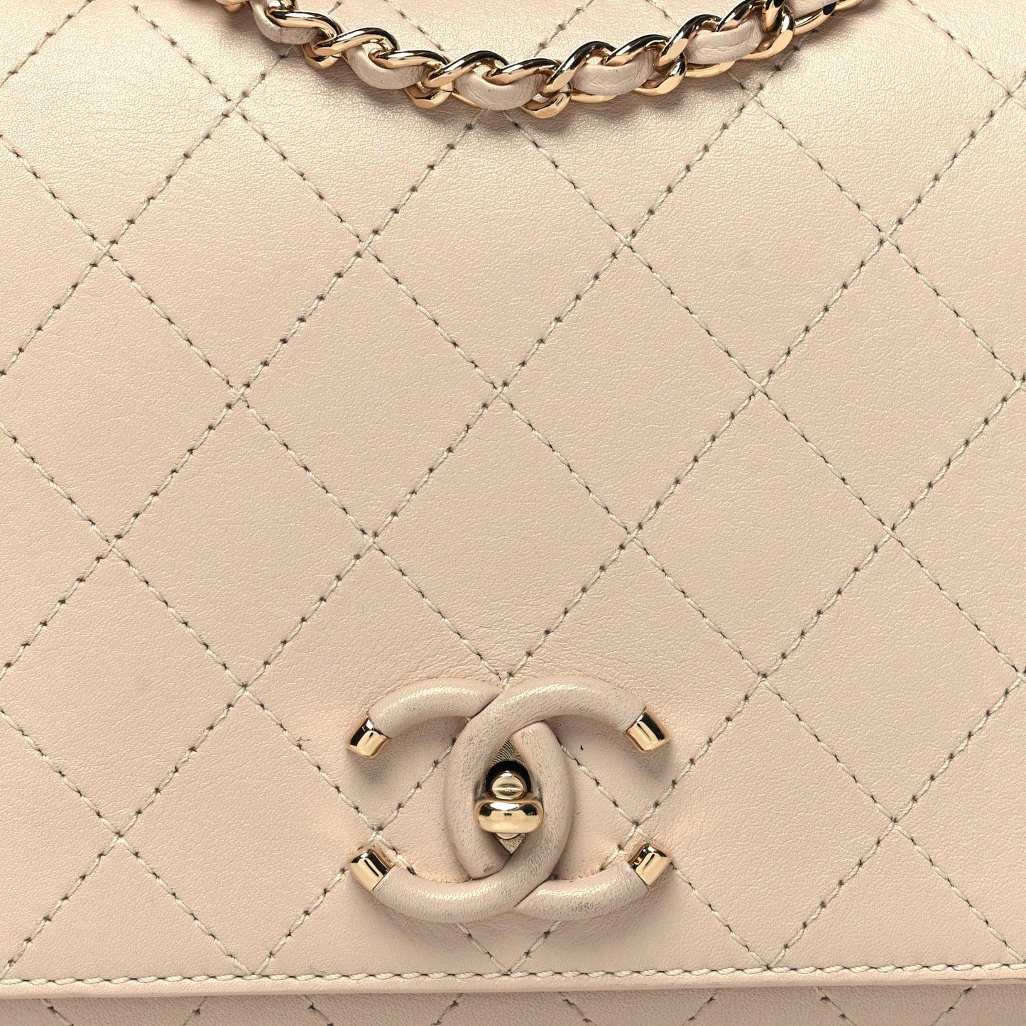 Calfskin Stitched Medium Covered CC Flap Bag Beige