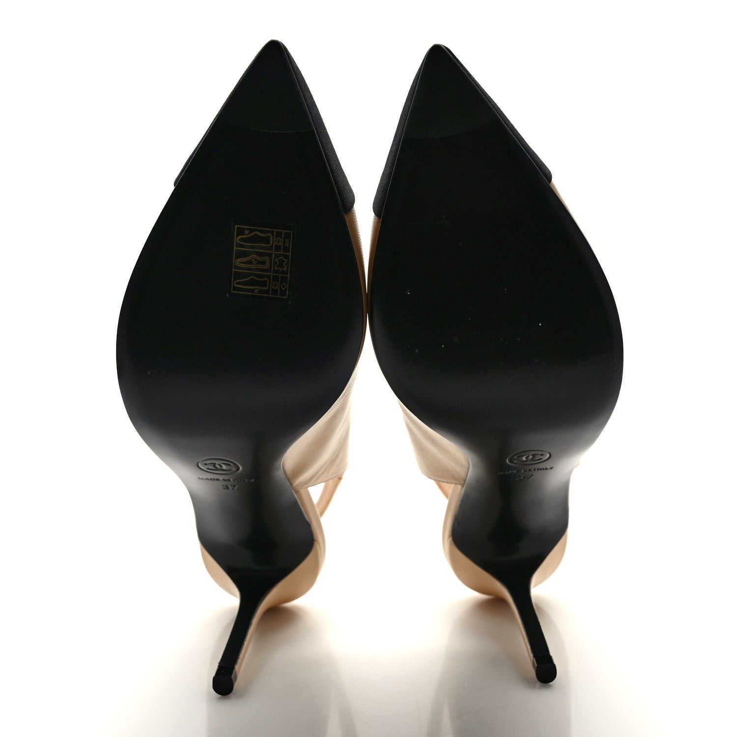 Chanel Goatskin Grosgrain Pointed Cap Toe CC Slingback Pumps 37 Beige Black 5 of 9