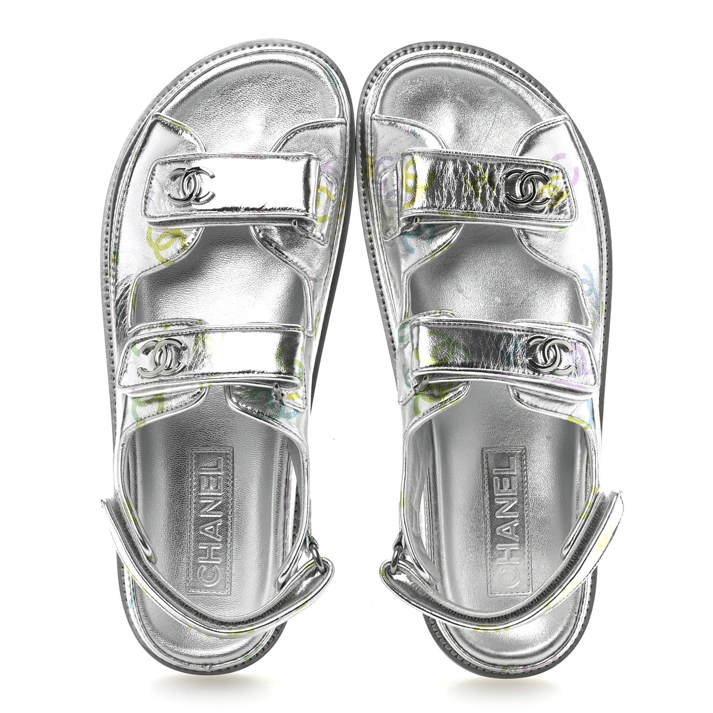 Laminated Lambskin Printed CC Dad Sandals 40 Silver Multicolor