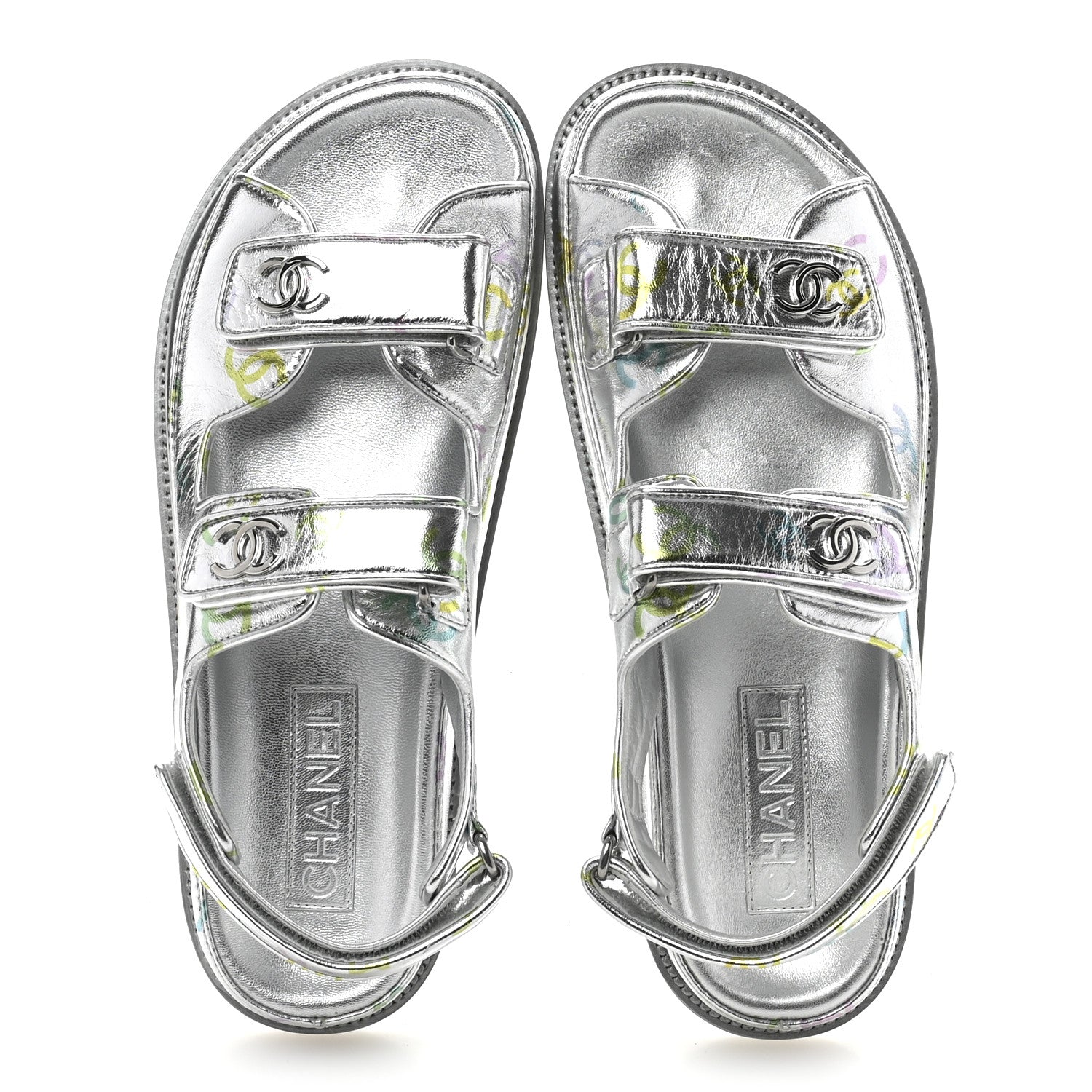 Chanel Laminated Lambskin Printed CC Dad Sandals 40 Silver Multicolor 2 of 10