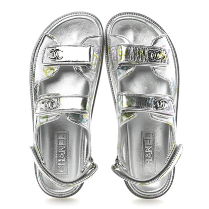 Chanel Laminated Lambskin Printed CC Dad Sandals 40 Silver Multicolor 2 of 10