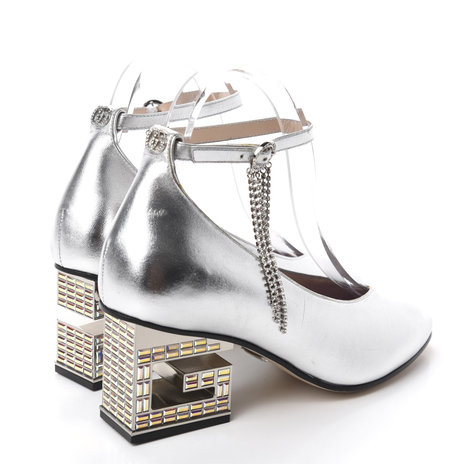 Gucci Metallic Nappa Crystal Square G Mid Heel Pumps 37.5 Silver 4 of 10