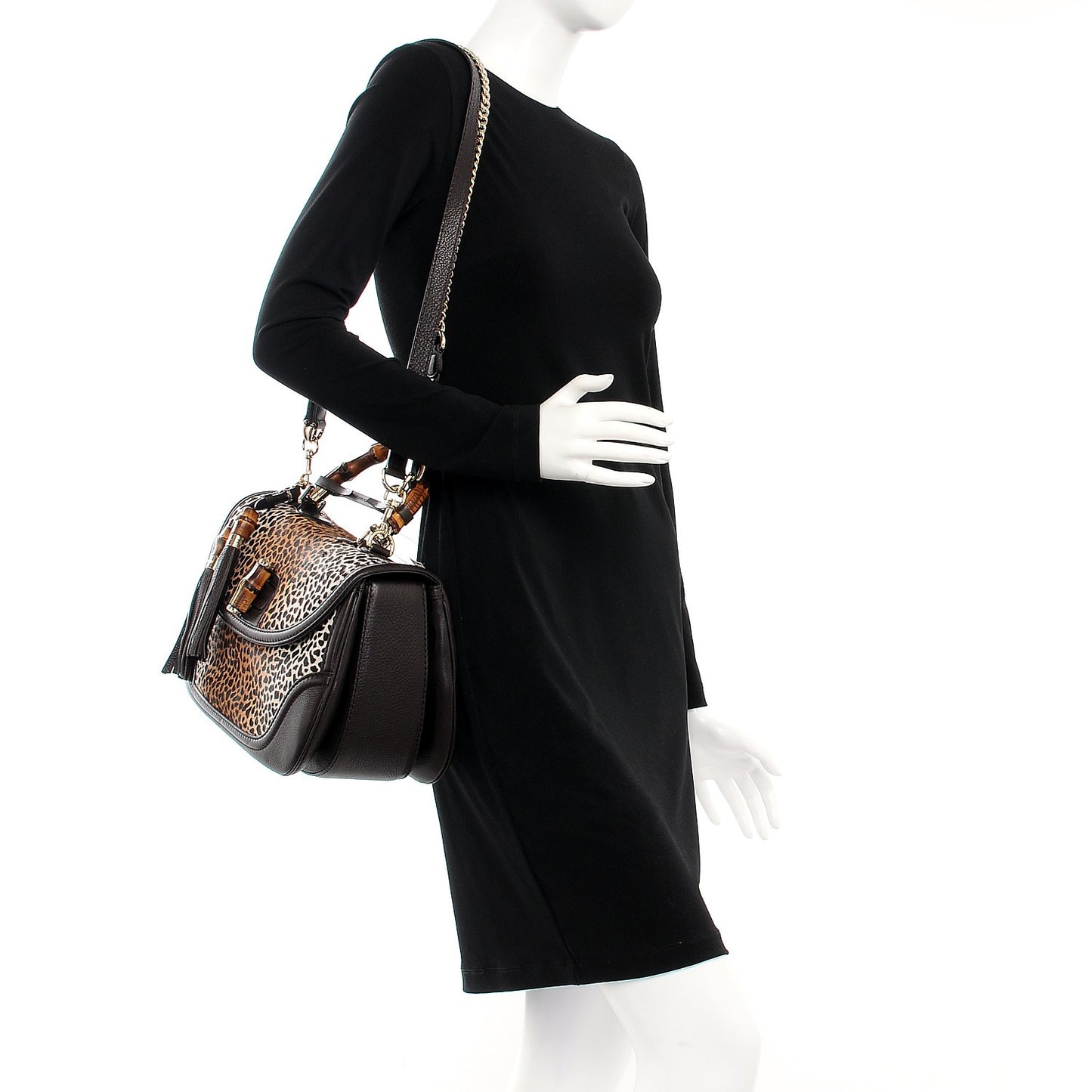 Pony Hair Jaguar Print Large New Bamboo Top Handle Bag