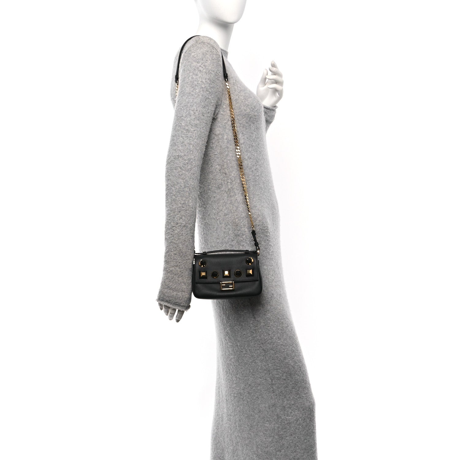 Fendi Vitello Dolce Studded Micro Double Baguette Black 2 of 10