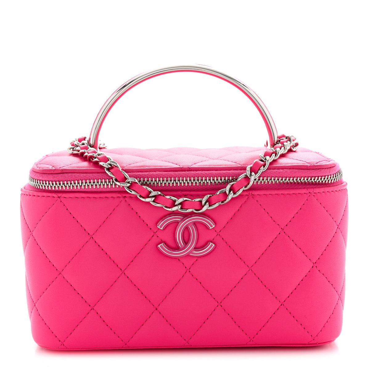 Lambskin Quilted Metal Enamel Small Top Handle Vanity Case With Chain Pink