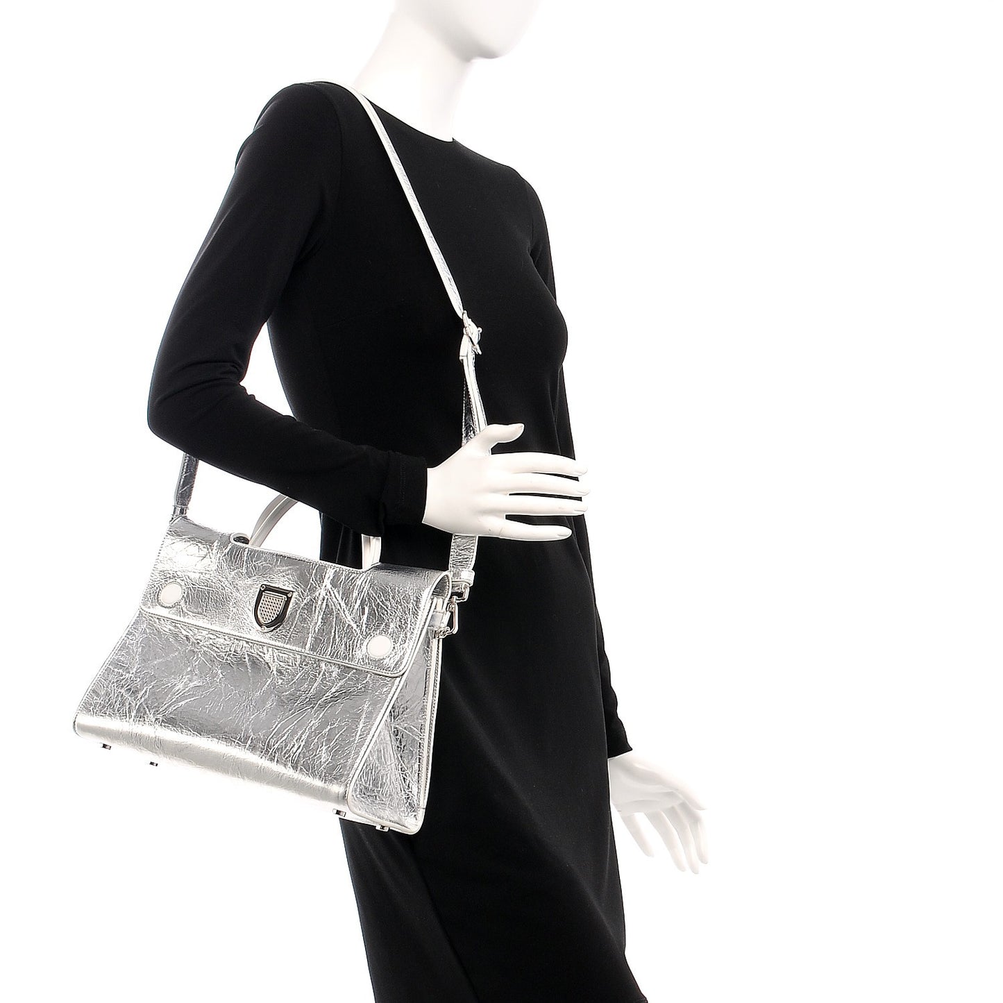 Metallic Calfskin Medium Diorever Flap Silver