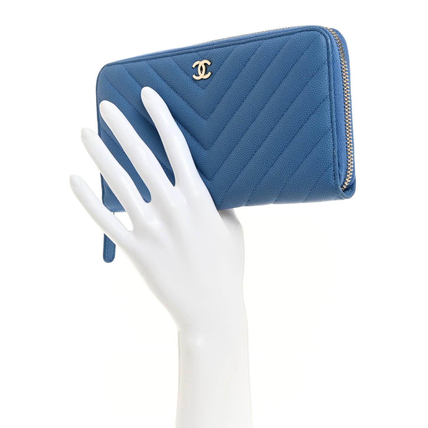 Iridescent Caviar Chevron Quilted Large Gusset Zip Around Wallet Bright Blue