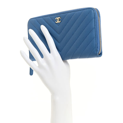 Chanel Iridescent Caviar Chevron Quilted Large Gusset Zip Around Wallet Bright Blue 2 of 8