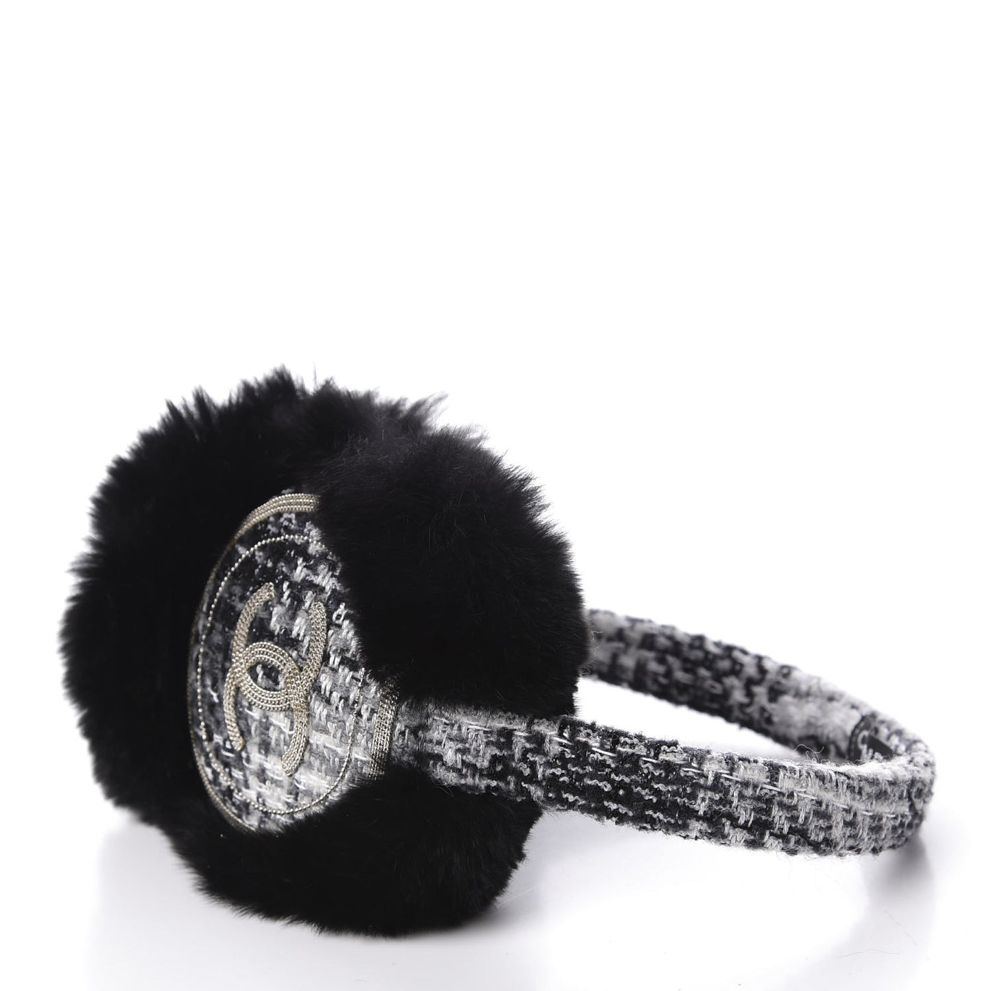 Rabbit Fur Tweed CC Ear Muffs Black White