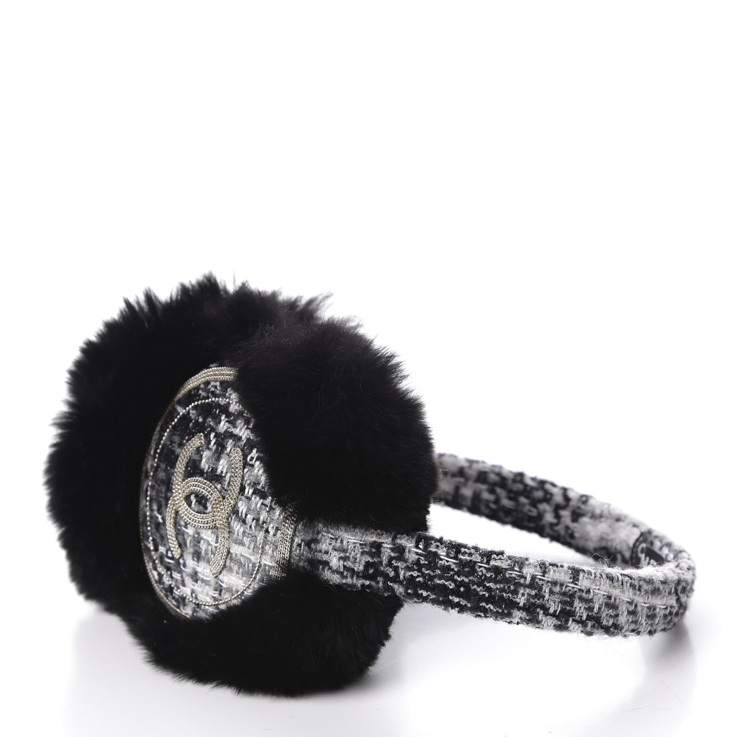 Chanel Rabbit Fur Tweed CC Ear Muffs Black White 3 of 5