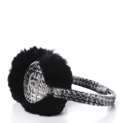 Chanel Rabbit Fur Tweed CC Ear Muffs Black White 3 of 5