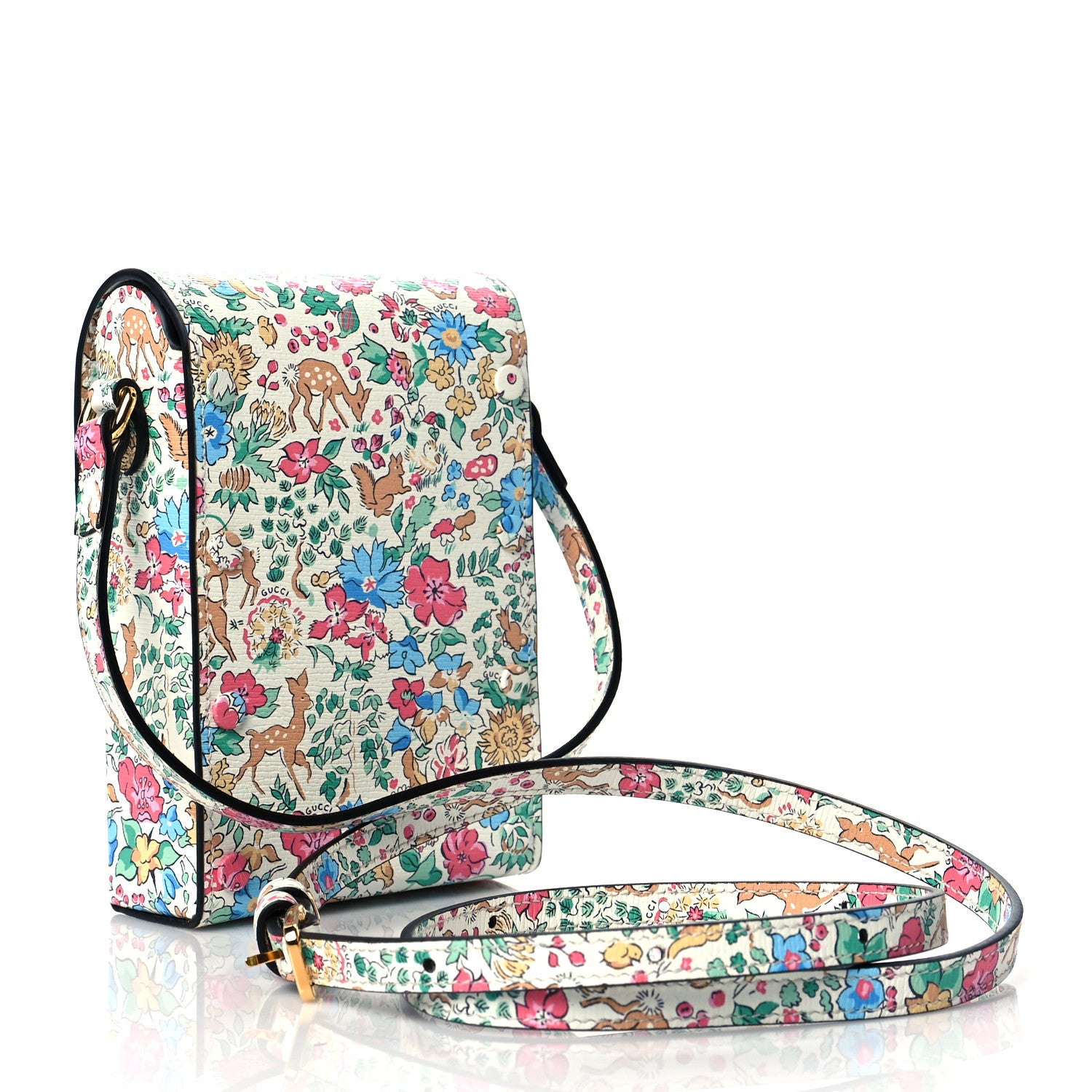 Gucci X LIBERTY OF LONDON Textured Calfskin Floral Fawn Print Mini Horsebit 1955 Crossbody Bag Multicolor Ivory 3 of 10