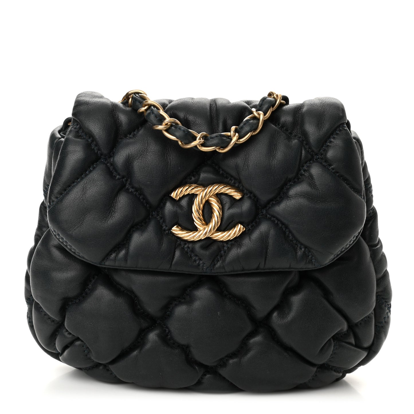 Lambskin Mini Bubble Quilt Flap Dark Blue