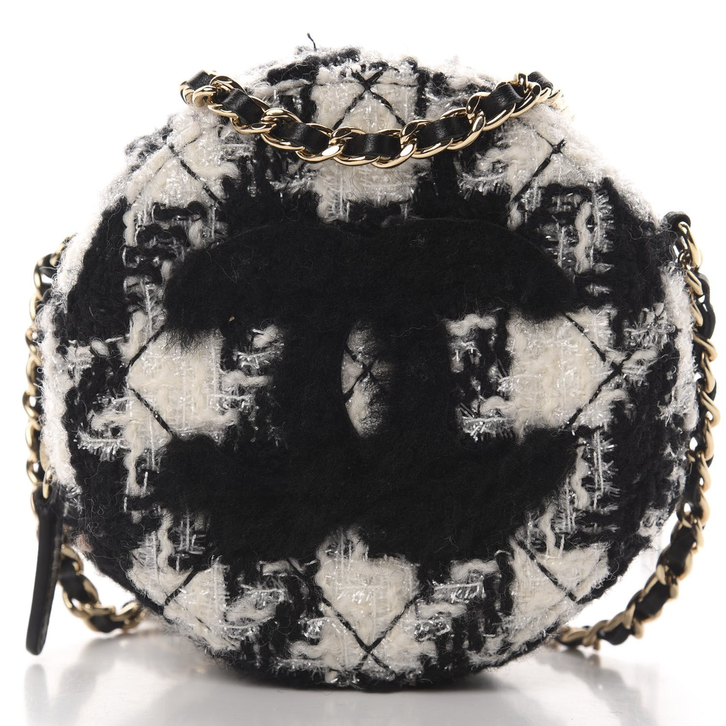 Tweed Shearling Round Clutch With Chain and Coin Purse Black and White