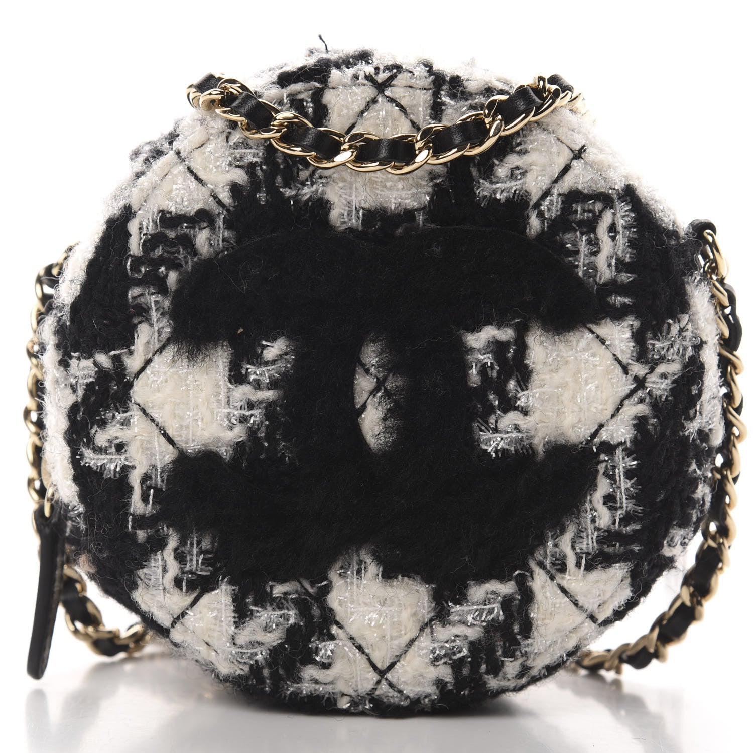 Chanel Tweed Shearling Round Clutch With Chain and Coin Purse Black and White 10 of 12