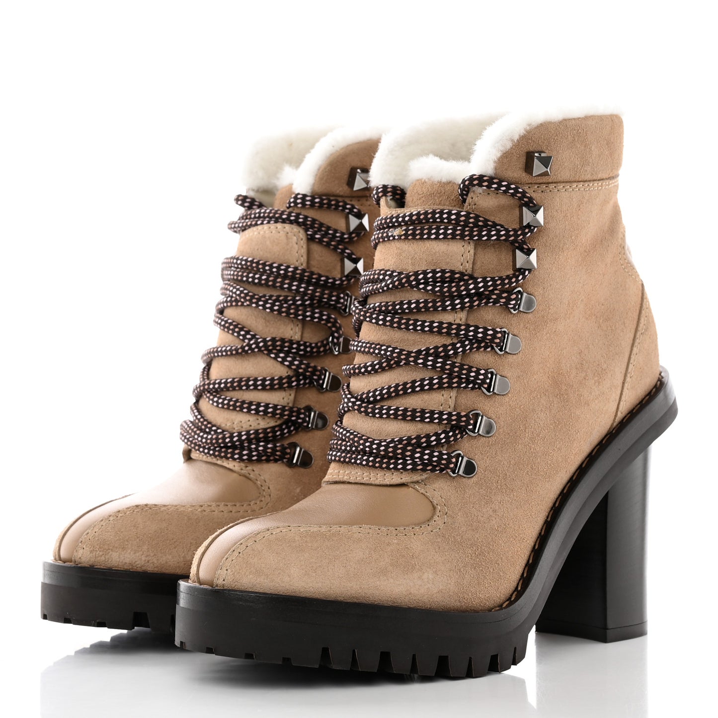 Suede Shearling Lace-Up Ankle Boots 36.5 Beige
