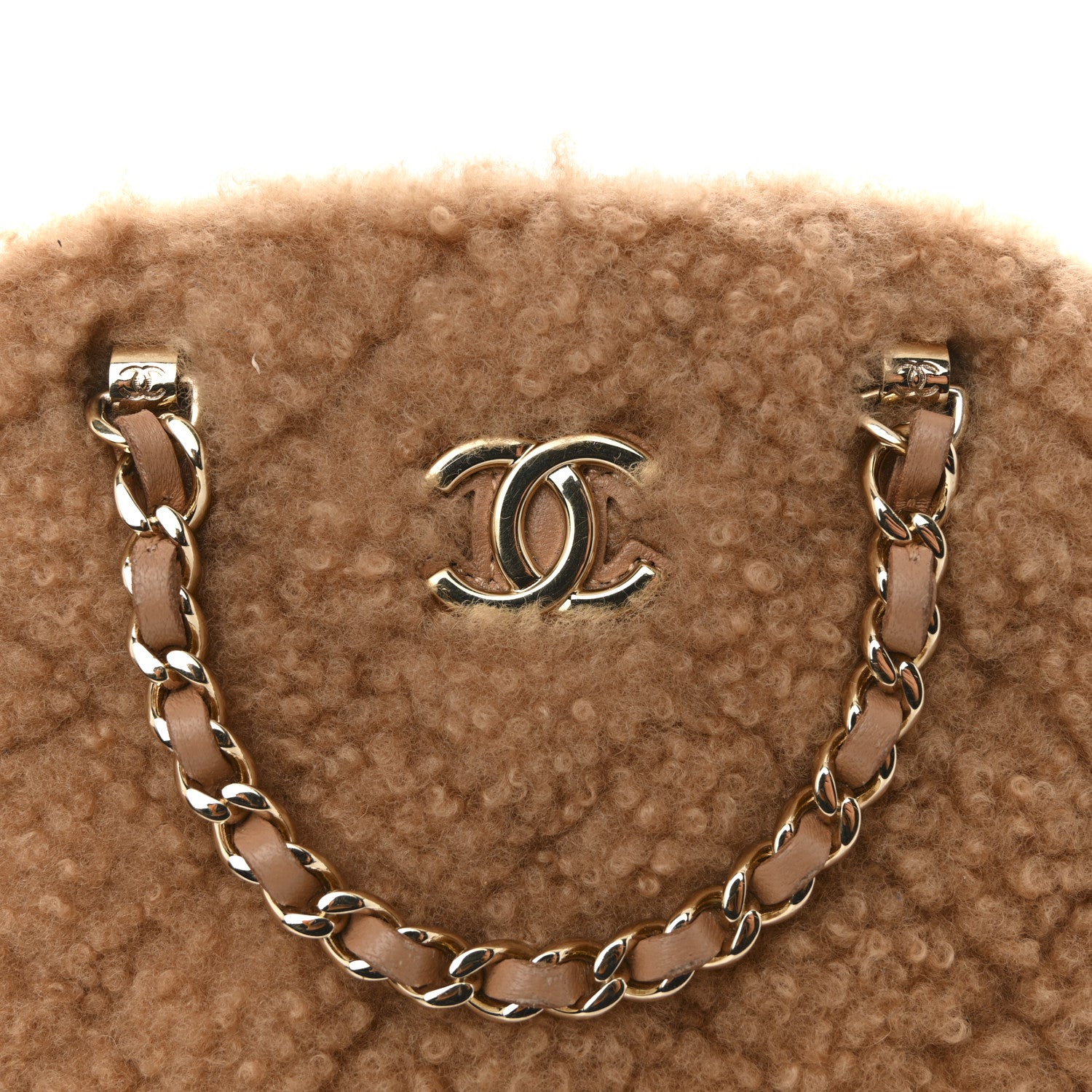 Chanel Shearling Quilted Shiny Coco Clutch With Chain Dark Beige