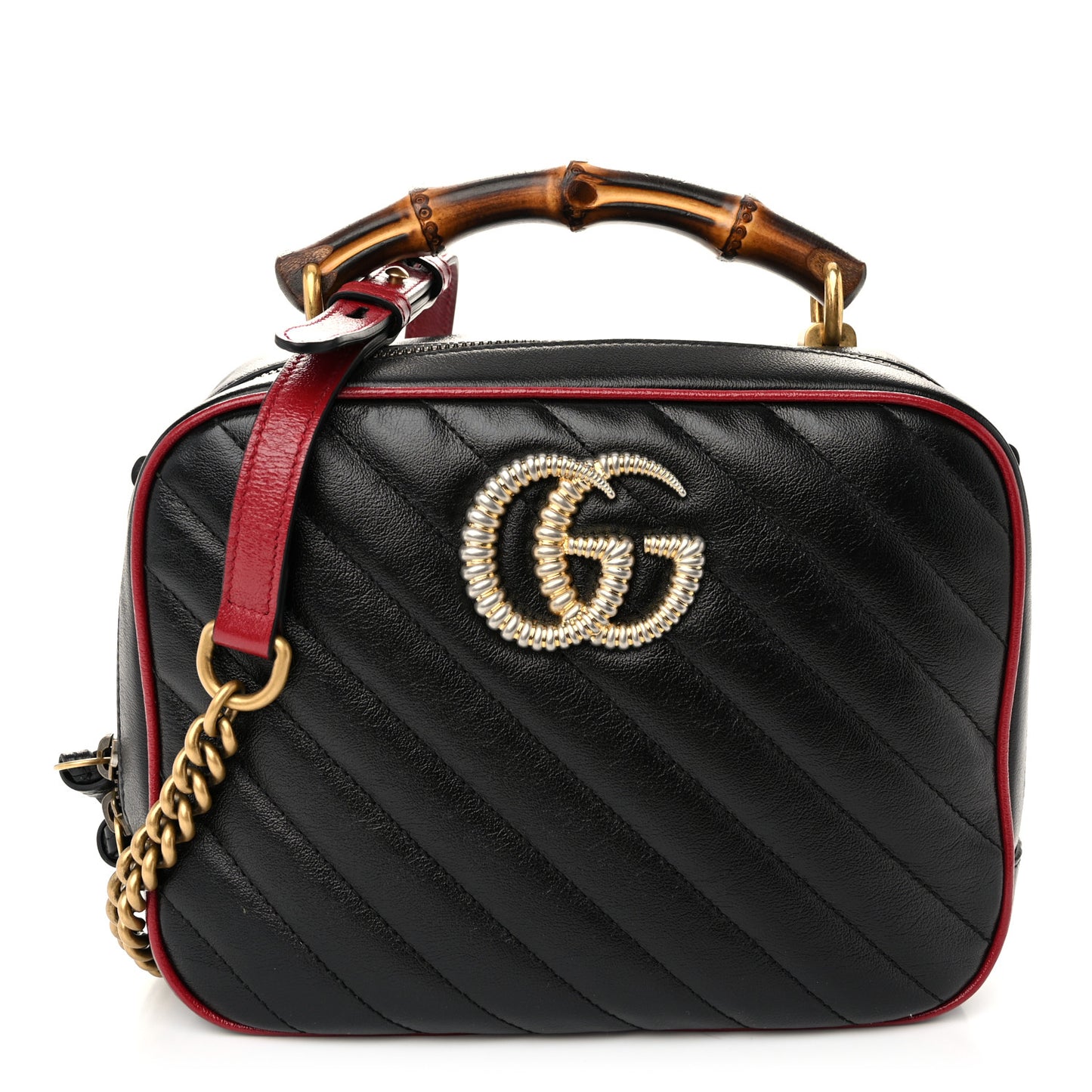 Vintage Effect Calfskin Matelasse Diagonal Small Torchon GG Marmont Bamboo Top Handle Shoulder Bag Black Romantic Cherry