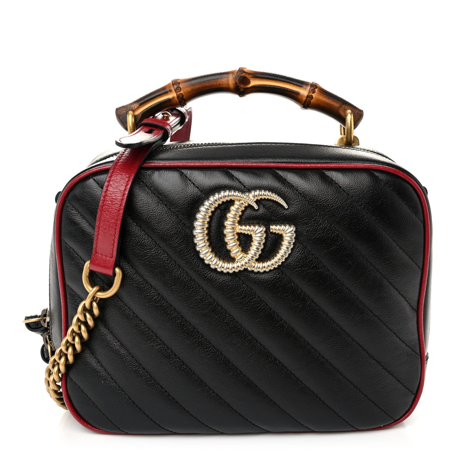 Gucci Vintage Effect Calfskin Matelasse Diagonal Small Torchon GG Marmont Bamboo Top Handle Shoulder Bag Black Romantic Cherry 1 of 11