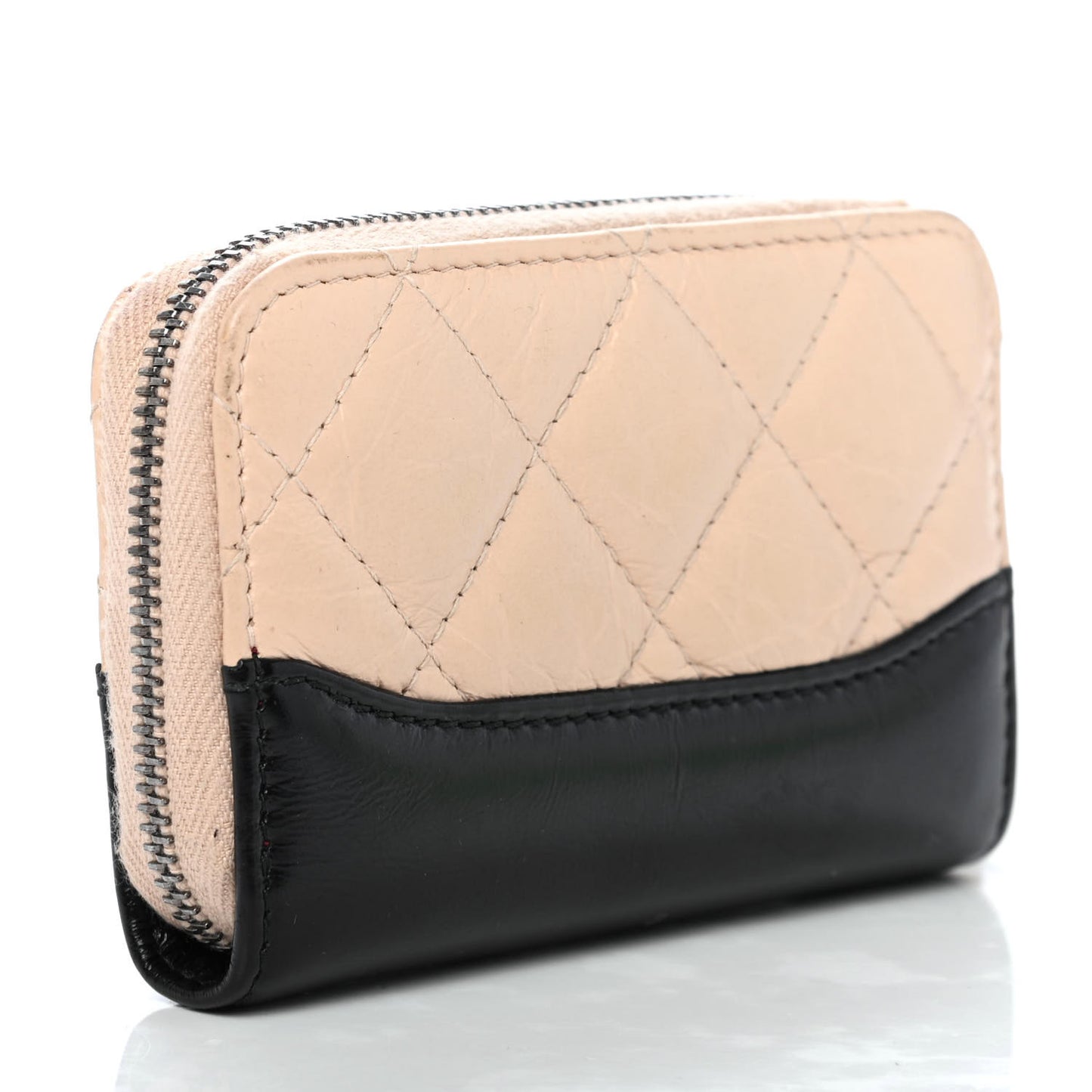 Aged Calfskin Quilted Gabrielle Zip Around Coin Purse Wallet Beige Black