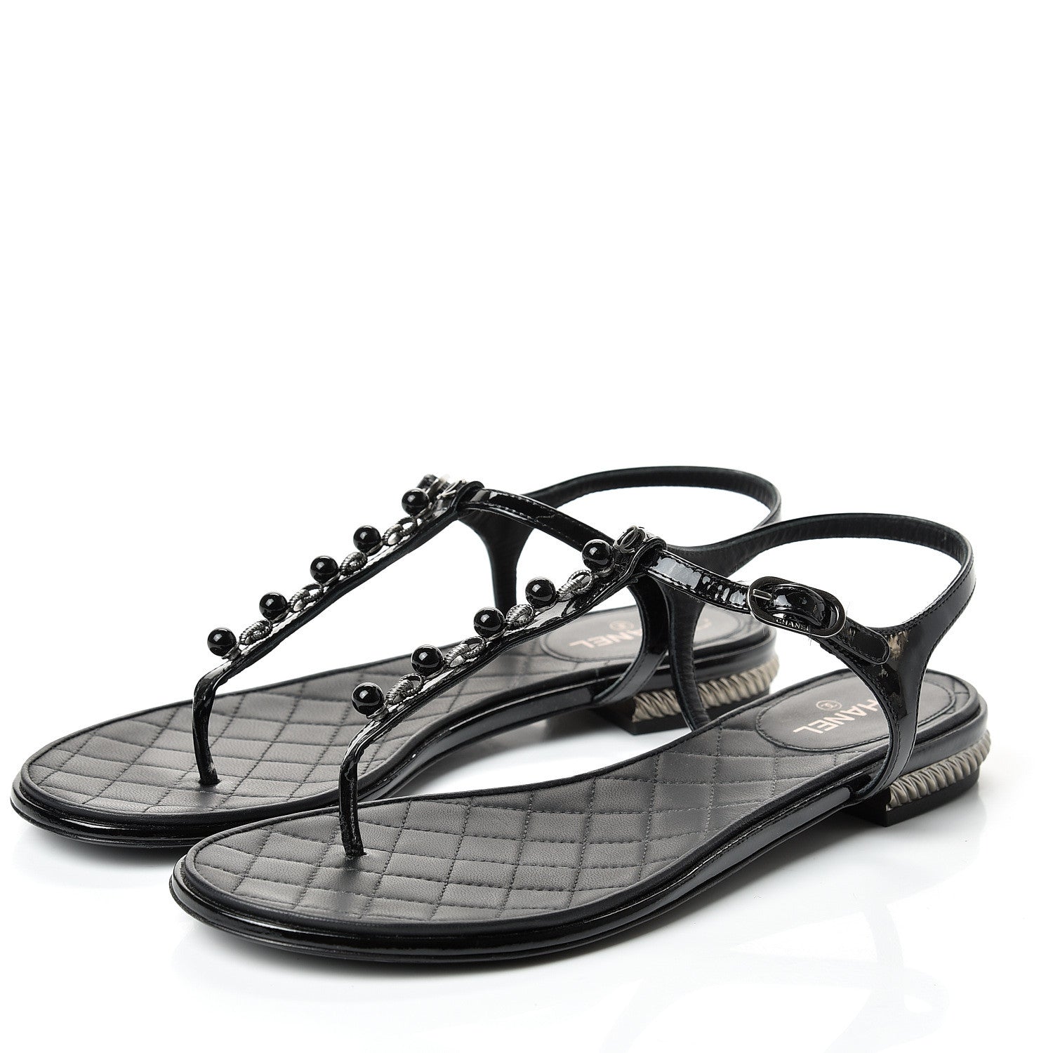 Chanel Patent Beaded CC Thong Sandals 37.5 Black 2 of 10