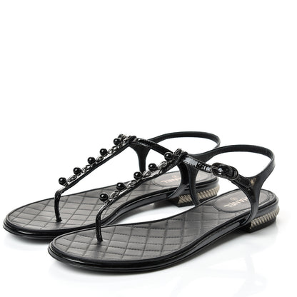 Chanel Patent Beaded CC Thong Sandals 37.5 Black 2 of 10