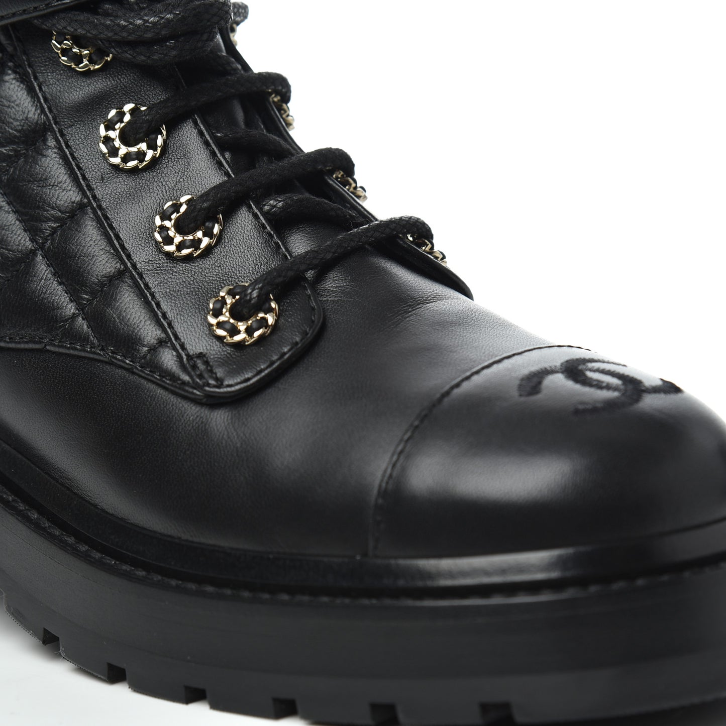 Shiny Lambskin Quilted Lace Up Combat Boots 36.5 Black