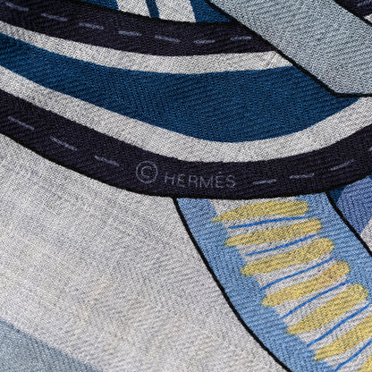 Hermes Cashmere Silk La Selle Imaginaire Shawl 140 Gris Chine Bleu 6 of 6
