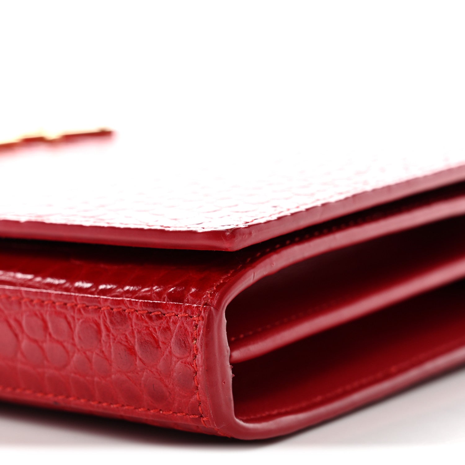 Saint Laurent Calfskin Crocodile Embossed Monogram Chain Wallet New Lipstick Red 10 of 13