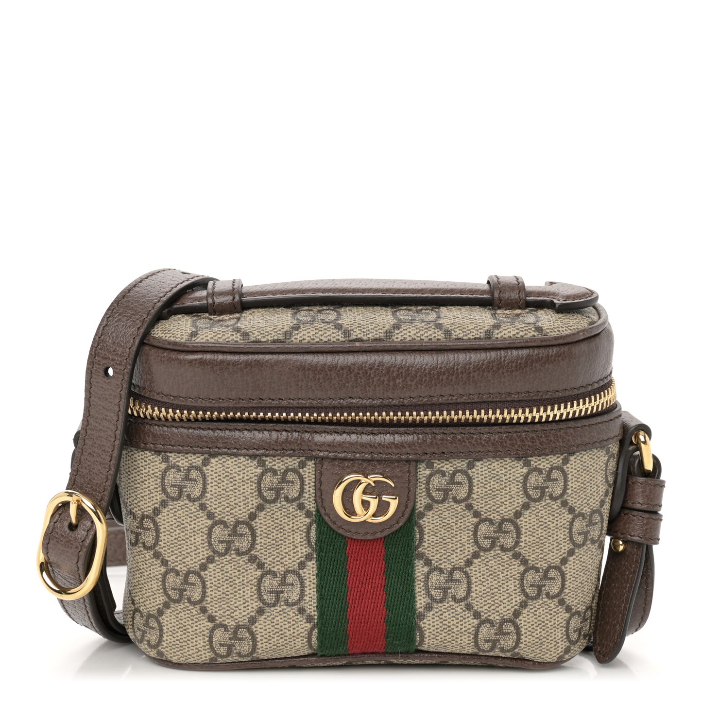 GG Supreme Monogram Textured Calfskin Web Mini Ophidia Top Handle Bag Beige Ebony New Acero