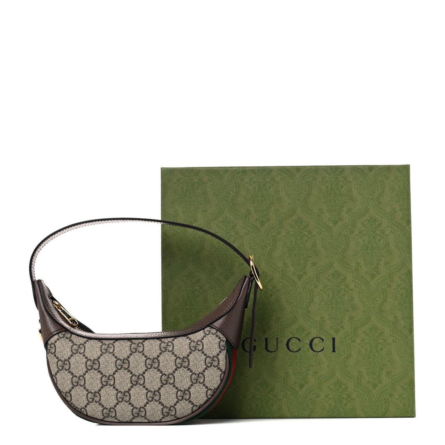 GG Supreme Monogram Textured Calfskin Web Mini Ophidia Half Moon Hobo Beige Ebony New Acero