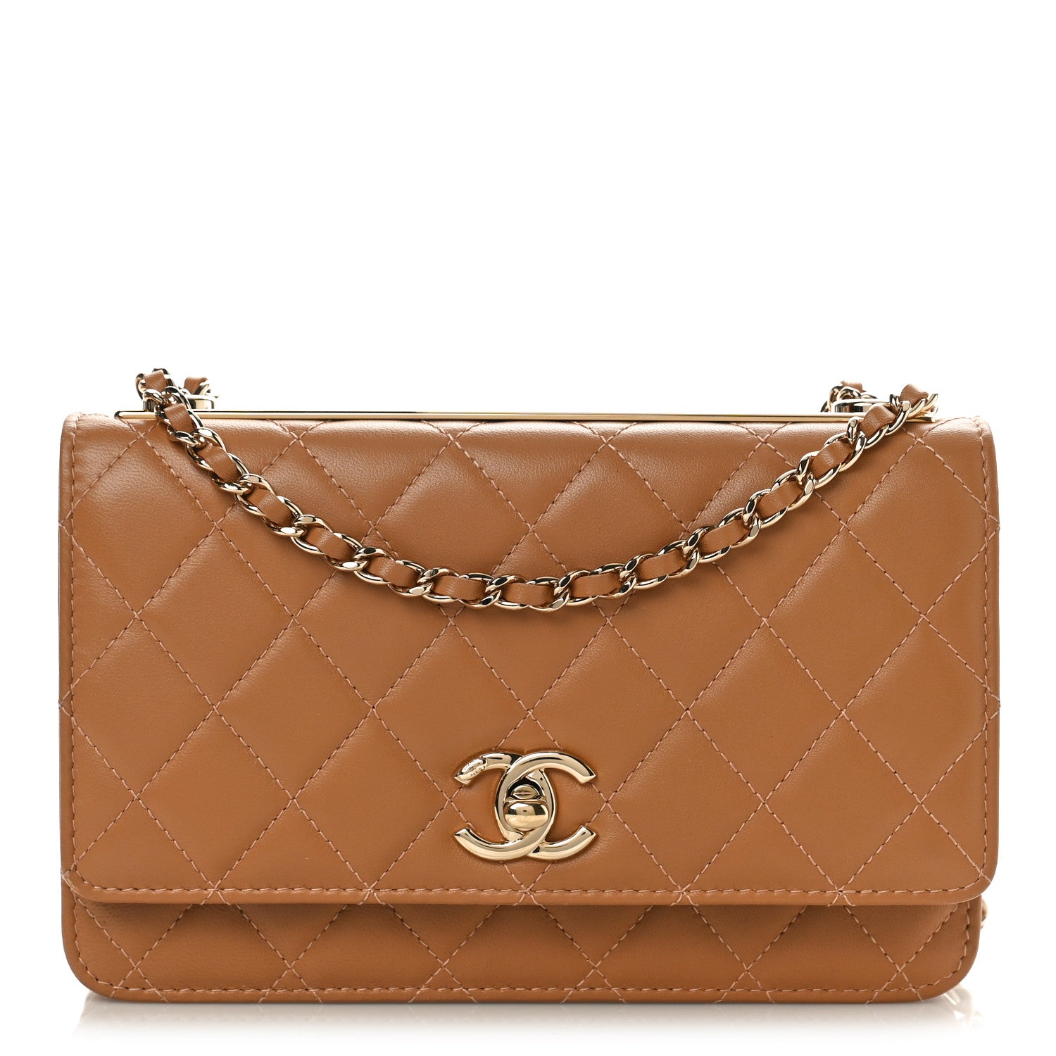 Chanel Lambskin Quilted Contrast Stitch Trendy CC Wallet On Chain WOC Camel 1 of 10