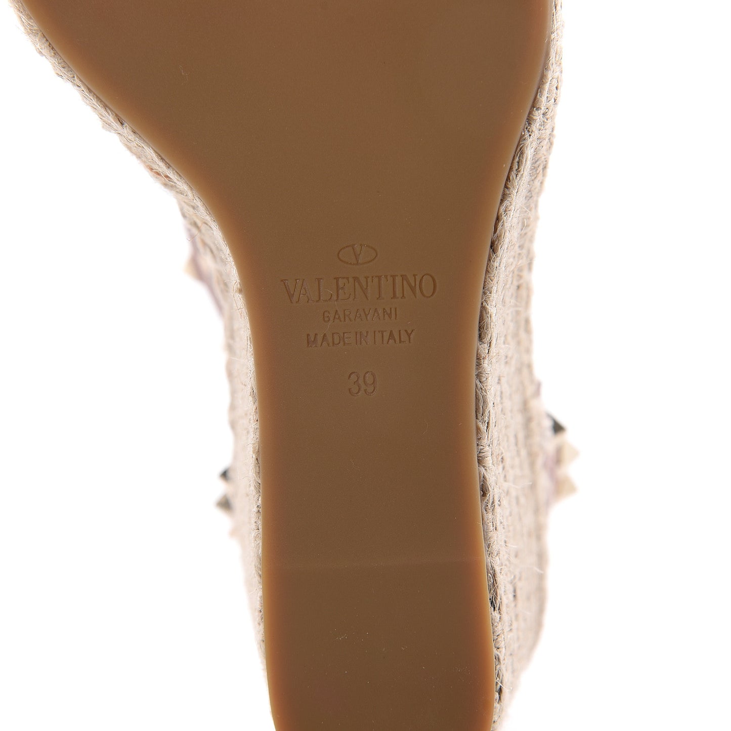 Grained Calfskin Rockstud Ankle Strap Espadrille 15/105mm Wedge Sandals 39 Rose Quartz Natural