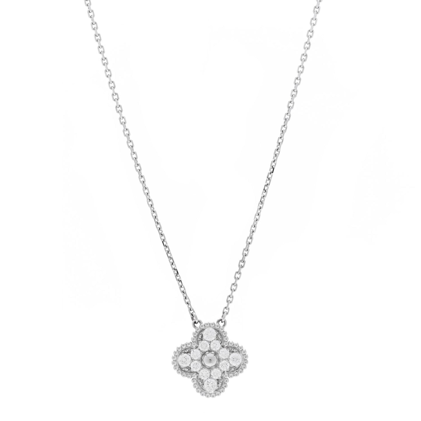 18K White Gold Diamond Vintage Alhambra Pendant Necklace