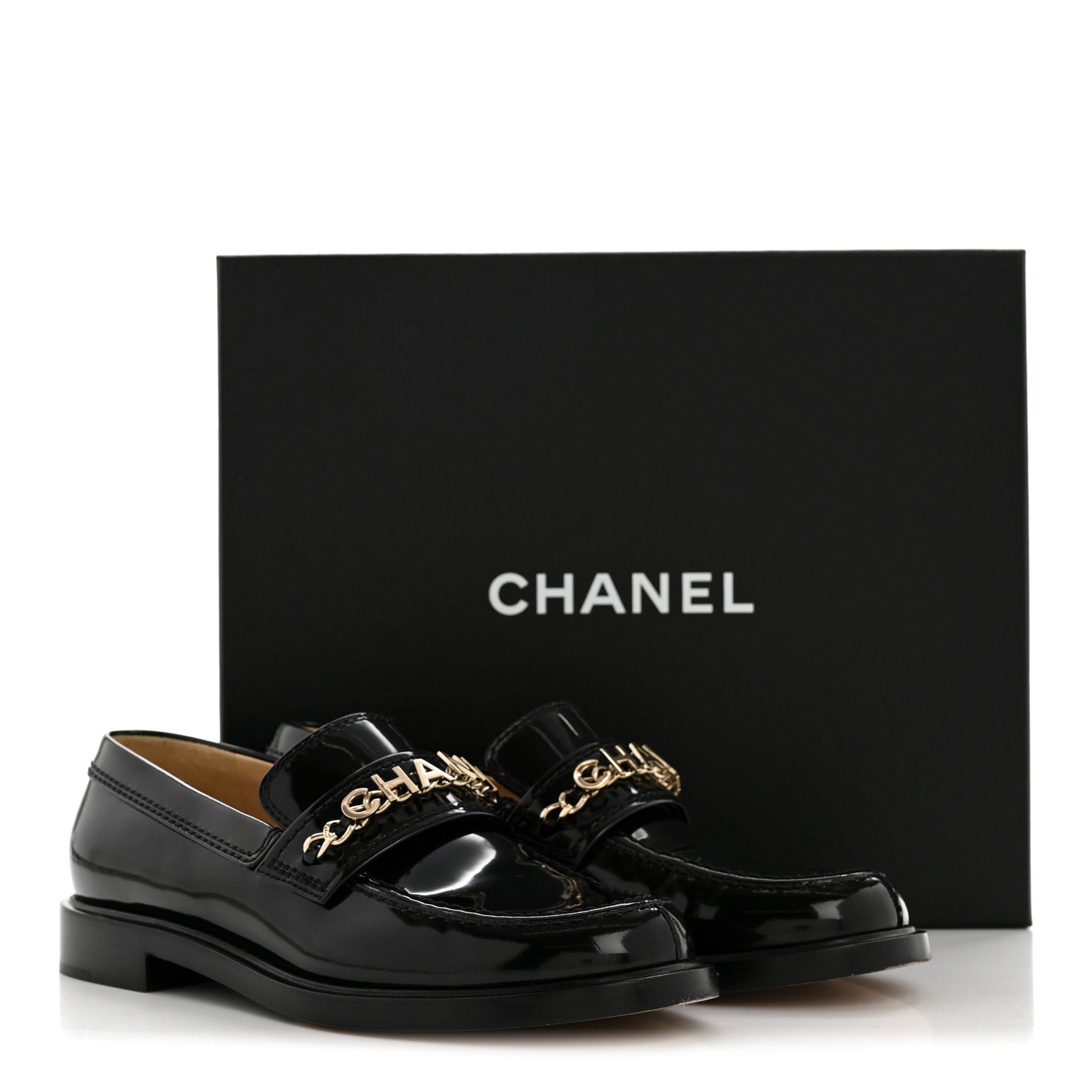 Chanel Shiny Calfskin Logo Loafers 38 Black 11 of 11