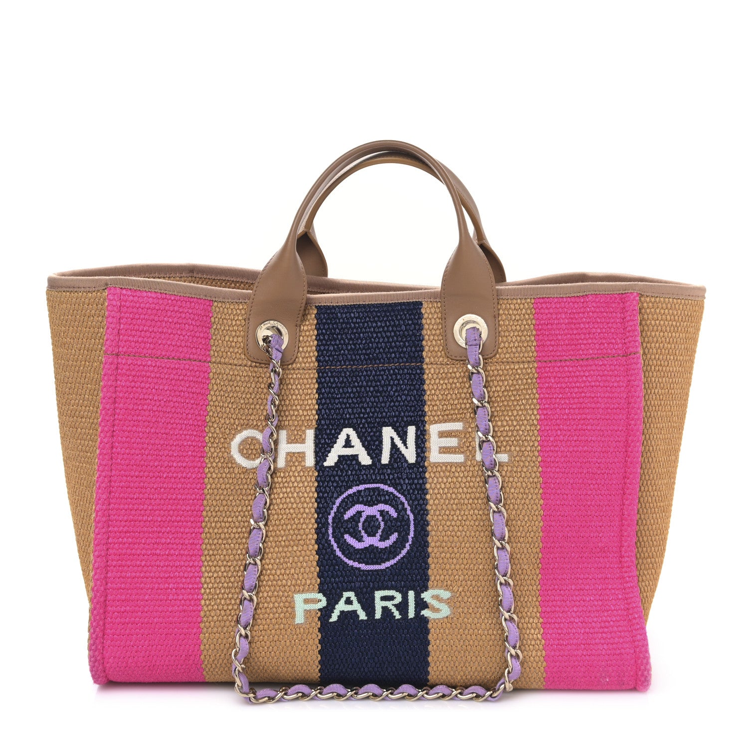 Chanel Straw Raffia Calfskin Striped Large Deauville Tote Dark Beige Fuchsia Navy Blue 1 of 10