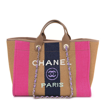 Chanel Straw Raffia Calfskin Striped Large Deauville Tote Dark Beige Fuchsia Navy Blue 1 of 10