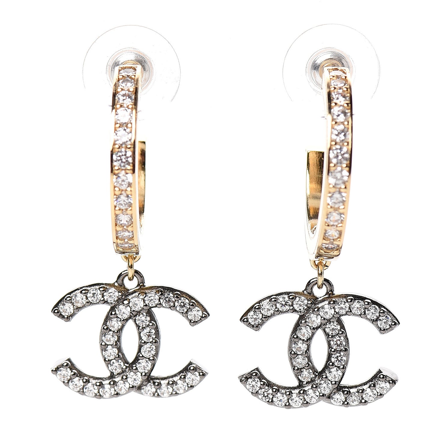 Crystal Lock Symbols CC Hoop Drop Earrings Gold Ruthenium